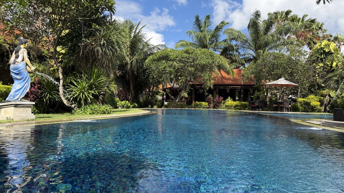 Tropical garden resort pool with palms and water features